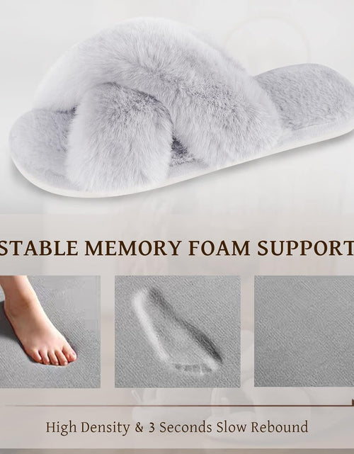 Load image into Gallery viewer, Women&#39;S Fuzzy Slippers Cross Band Soft Plush Cozy House Shoes Furry Open Toe Indoor or Outdoor Slip on Warm Breathable Anti-Skid Sole
