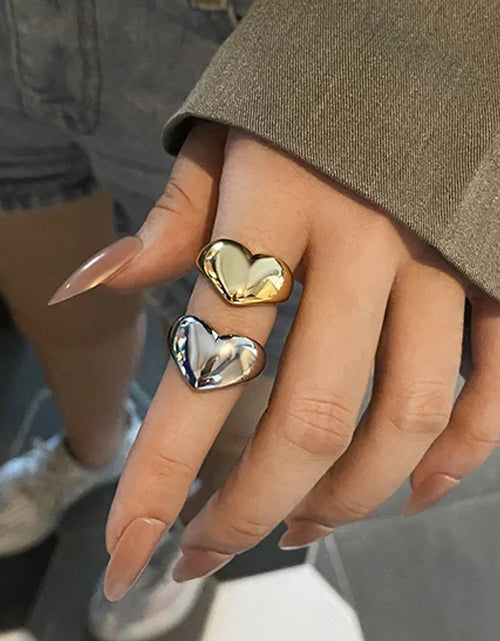 Load image into Gallery viewer, Silver Color Trend Creative New Love Heart Shaped Gold Ring Light Luxury Metallic Texture Girls Jewelry Couple
