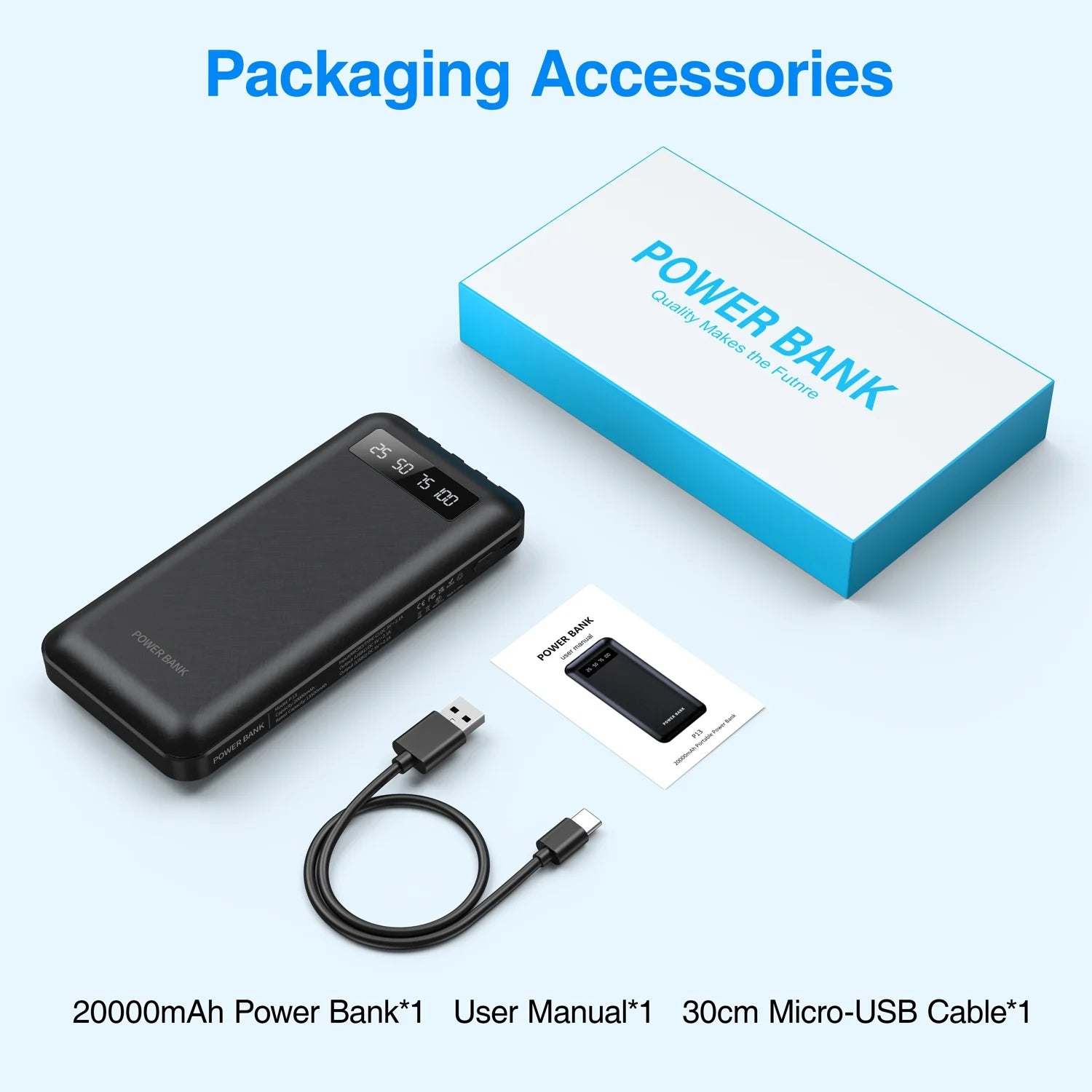 20000Mah Power Bank Portable Charger with Cables, USB Fast Charging for Phone