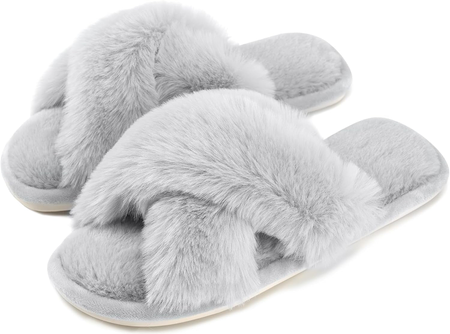 Women'S Fuzzy Slippers Cross Band Soft Plush Cozy House Shoes Furry Open Toe Indoor or Outdoor Slip on Warm Breathable Anti-Skid Sole